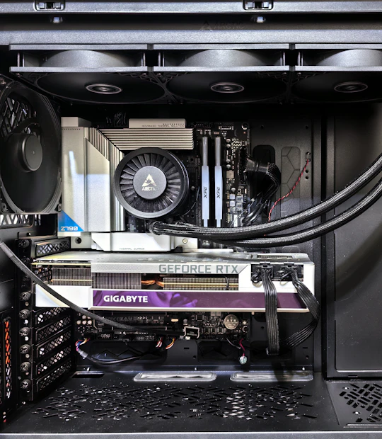 AIO liquid cooling radiator and fans inside a custom gaming PC
